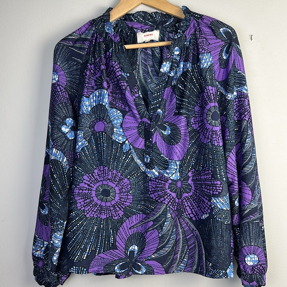 XiRena Silk Cotton Hailey Print Blouse Long Sleeves Samll Quiet Luxury USA Made - Picture 2 of 16